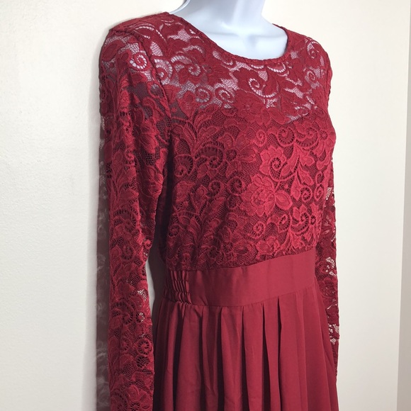 Zanzea Womens Wine Colored Long Sleeve Lace Dress With Chiffon Skirt - Picture 3 of 14